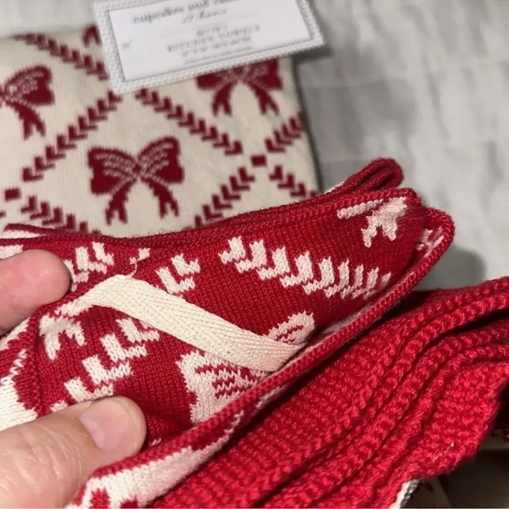 cupcakes & cashmere 3 Tea Towels Ivory Tan Red Christmas Bow Tie Cotton Knit